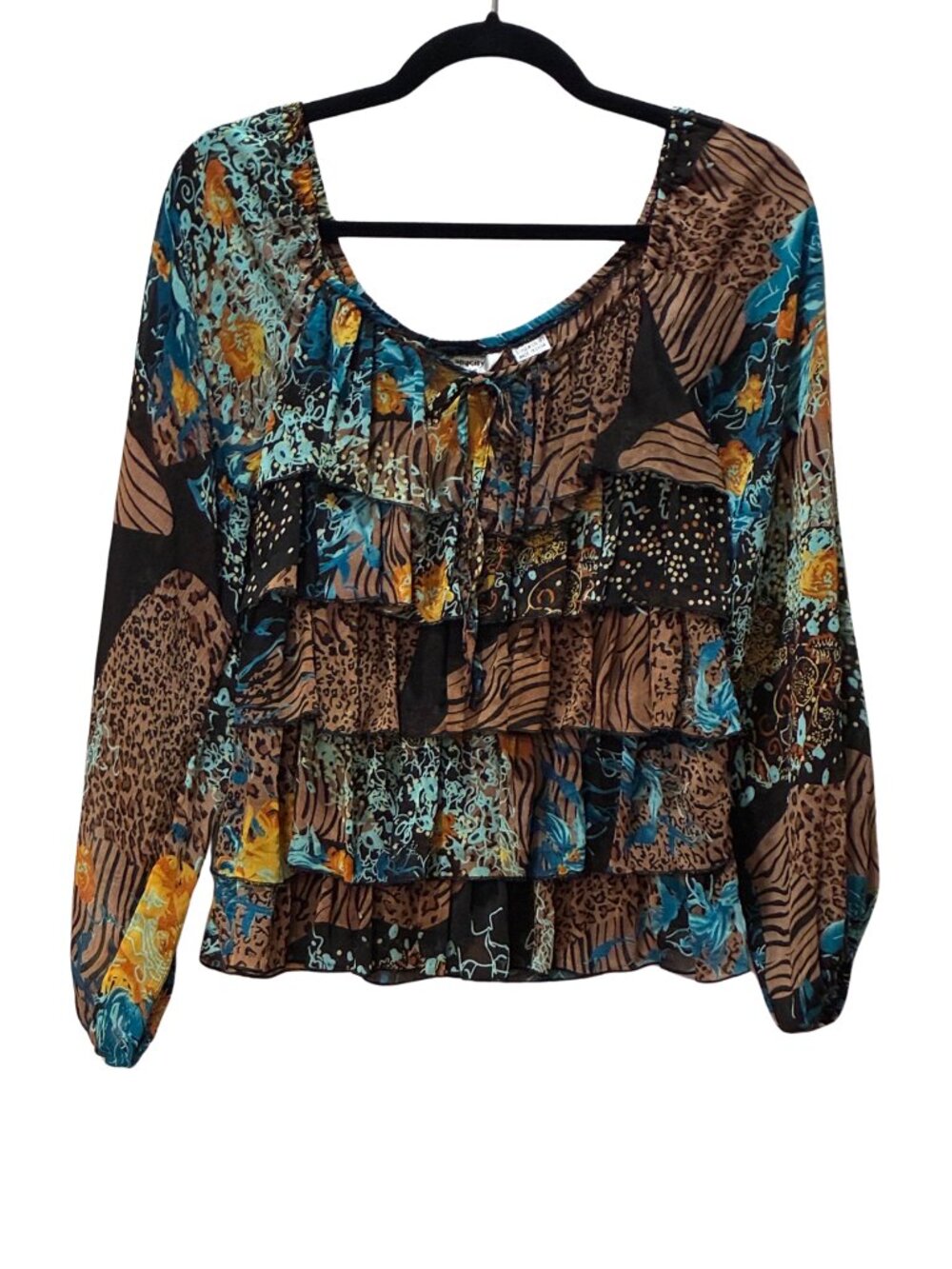 Capacity Whimsigoth Mixed Animal Floral Tiered Ruffle Blouse Y2K Boho Top Medium